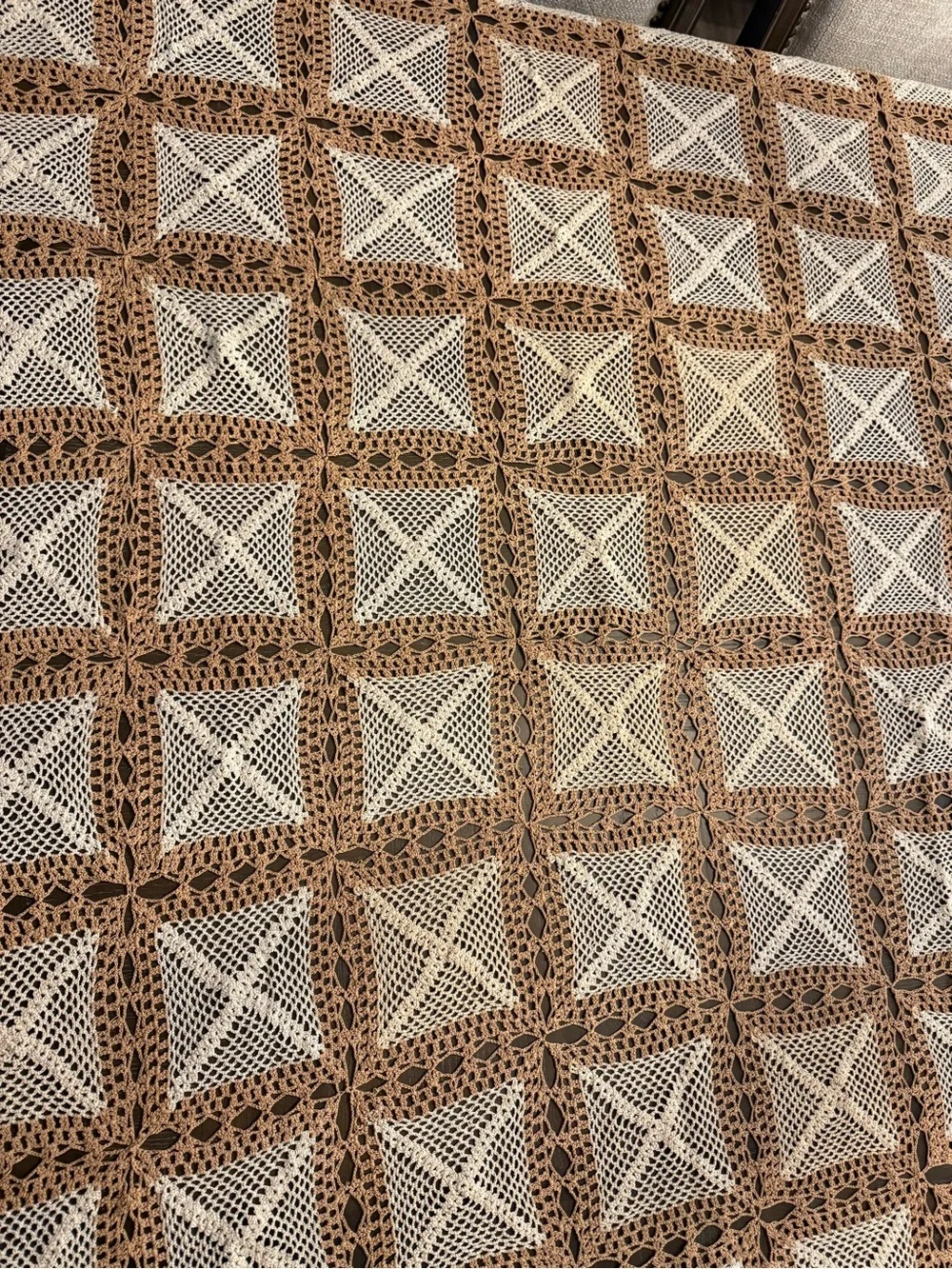 Handmade Crochet Tablecloth in Brown and Cream - Classic Square Pattern